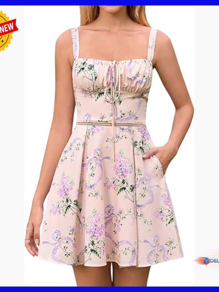 Floral Corset Mini Dress With Pockets, Lace Up Front And Back, Adjustable Straps